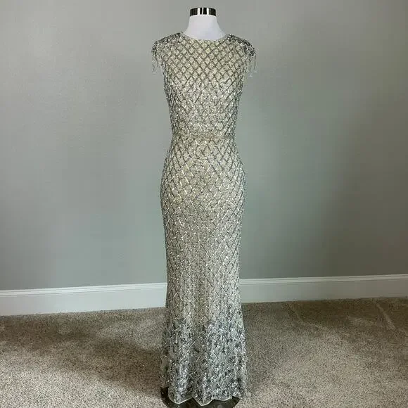 Mac Duggal Crystal Fringed Sequined Column Gown Silver and Gold Size 6 Dress - Picture 2 of 12